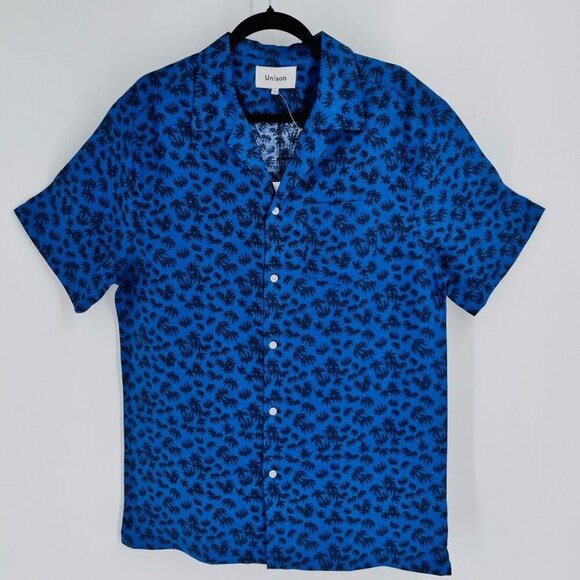 CREATE UNISON Printed Short Sleeve Camp Shirt Size L In Indigo Multi Linen Blend - Picture 1 of 11